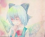  blue_hair bow cirno closed_eyes hair_bow hand_on_own_chin smirk solo touhou traditional_media watercolor_(medium) wings yuyu_(00365676) 