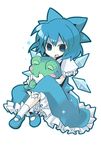  blue_eyes blue_hair cirno full_body hair_ribbon ice ice_wings looking_at_viewer mary_janes ribbon shoes simple_background sitting solo stuffed_animal stuffed_frog stuffed_toy touhou white_background wings yuzuki_gao 