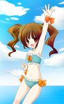  arm_up bad_id bad_pixiv_id beach bikini brown_hair day idolmaster idolmaster_(classic) idolmaster_1 oumi_neneha outdoors red_eyes short_hair solo swimsuit takatsuki_yayoi twintails waving 