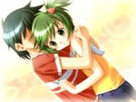  1girl amachi_matsuri blush couple dutch_angle game_cg green_eyes green_hair hair_ornament hairpin hetero hiide hug no_eyes side_ponytail simple_background tears yotsunoha 