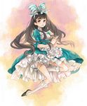  alice_(wonderland) alice_in_wonderland apron brown_hair dress footwear frills k_ototo kneehighs long_hair pixiv_thumbnail resized ribbon ruffles shoes socks 