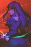  absurdres asagami_fujino bangs blood blood_on_face blood_splatter bloody_clothes bloody_hands blunt_bangs breasts cowboy_shot dress eyebrows_visible_through_hair from_behind glowing glowing_eyes highres kara_no_kyoukai long_hair long_sleeves looking_at_viewer looking_back medium_breasts parted_lips purple_dress purple_hair red_background red_eyes scan school_uniform smirk solo straight_hair takeuchi_takashi 