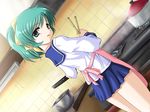  amasaki_imari apron chopsticks cooking dutch_angle green_eyes green_hair kitchen looking_back non-web_source ponytail school_uniform serafuku shiroi_hebi_no_yoru short_hair solo 