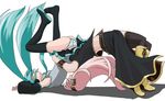  aqua_eyes aqua_hair armband boots detached_sleeves german_suplex hatsune_miku headphones knee_boots long_hair megurine_luka multiple_girls mumi_(muminchu) necktie panties pink_hair skirt striped striped_panties suplex thigh_boots thighhighs twintails underwear very_long_hair vocaloid 