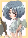  .hack//sign 1girl angel_wings axe back blue_hair blush brown_eyes crop_top facial_mark flat_chest forehead_mark kurou_(niconicorin) looking_back lowres oekaki short_hair solo subaru_(.hack//) weapon wings 