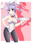  animal_ears bad_id bad_pixiv_id bunny_ears bunnysuit highres long_hair original pantyhose paopao ponytail purple_hair red_eyes robot_ears solo tray 