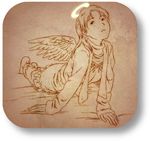  aaru_sentou_shuudan angel angel_wings brown coat haibane_renmei halo lying monochrome nemu on_stomach rounded_corners solo wings 