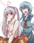  alternate_hairstyle bad_id bad_pixiv_id blue_hair blush closed_eyes embarrassed fujisaki_miyabi fujiwara_no_mokou hairdressing happy kamishirasawa_keine long_hair low_twintails multiple_girls open_mouth red_eyes sidelocks silver_hair sitting smile touhou twintails 