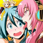  1boy 3girls :&lt; =_= aqua_eyes aqua_hair blush face_licking hatsune_miku headset ism_(inc) kagamine_len kagamine_rin licking megurine_luka multiple_girls pink_eyes pink_hair surprised tongue vocaloid yuri 