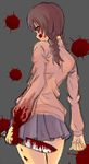  bad_id bad_pixiv_id blood braid kisaragi_yakumo knife looking_back madotsuki pink_shirt purple_skirt shirt skirt solo twin_braids yume_nikki 