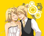  1girl adolescence_(vocaloid) bad_id bad_pixiv_id bare_shoulders blonde_hair blush brother_and_sister camisole cendrillon_(vocaloid) closed_eyes hair_ornament hairclip holding_hands interlocked_fingers kagamine_len kagamine_rin kuruma_(rk) laughing necktie open_mouth siblings smile spaghetti_strap twins vocaloid 