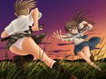  ass battle brown_eyes brown_hair duel lielos multiple_girls original panties poniko_(lielos) ready_to_draw sera_haruna sword underwear weapon white_panties wind wind_lift 