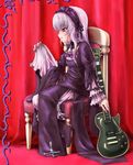  black_dress collarbone detached_collar doll dress expressionless flower guitar hairband instrument lolita_hairband long_hair pink_eyes pokomi rose rozen_maiden silver_hair sitting solo suigintou throne very_long_hair 