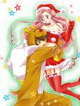  1girl bad_id bad_pixiv_id brown_hair choker christmas code_geass detached_sleeves earrings euphemia_li_britannia green_eyes hat hug jewelry kururugi_suzaku long_hair open_mouth pesu pink_hair purple_eyes reindeer santa_costume thighhighs zettai_ryouiki 