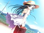  aqua_eyes bag black_hair bus_stop condensation_trail day dress dutch_angle game_cg grass hat hiide long_hair looking_at_viewer looking_back power_lines scenery sundress telephone_pole wind yotsunoha 