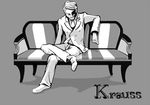  artist_request character_name closed_eyes couch crossed_legs formal grey_background greyscale male_focus monochrome necktie pants sitting solo suit umineko_no_naku_koro_ni ushiromiya_krauss 