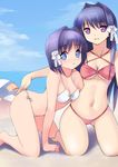  absurdres bad_id bad_pixiv_id bare_shoulders barefoot bikini blue_eyes clannad criss-cross_halter day front-tie_top fujibayashi_kyou fujibayashi_ryou hair_intakes hair_ribbon halter_top halterneck highres long_hair multiple_girls navel o-ring o-ring_top purple_eyes purple_hair ribbon short_hair siblings side-tie_bikini sisters smile string_bikini swimsuit twins yykuaixian 