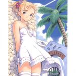  against_wall blonde_hair blue_eyes copyright_request day dress flower hair_flower hair_ornament hair_ribbon palm_tree ribbon solo sundress thighhighs tree yug zettai_ryouiki 