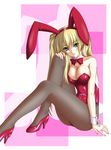  animal_ears blonde_hair blue_eyes breasts bunny_ears bunnysuit cleavage covered_nipples highres large_breasts long_hair nonbei original pantyhose sitting solo twintails 