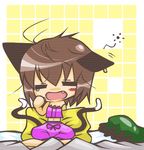  animal_ears bed brown_hair cat_ears cat_tail chen chibi closed_eyes earrings fang hat jewelry messy_hair multiple_tails nagamo_sakana pillow sleepy solo tail touhou yawning 