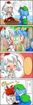  4koma artist_request blood blush comic highres inubashiri_momiji kawashiro_nitori multiple_girls nosebleed shoujo_kitou-chuu touhou translated two_side_up 