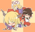  =_= blonde_hair bonnet bow brown_hair chibi drunk gourd hakurei_reimu ibuki_suika jug kurot multiple_girls ribbon skirt touhou yakumo_yukari 