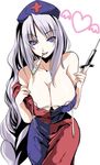  areola_slip areolae atoshi bare_shoulders blue_eyes braid breasts cleavage digital_thermometer hat heart highres huge_breasts long_hair mouth_hold naughty_face silver_hair solo syringe thermometer touhou undressing very_long_hair yagokoro_eirin 