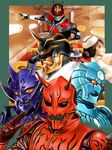  4boys bodysuit full_body highres horns kamen_rider kamen_rider_den-o kamen_rider_den-o_(series) kintaros looking_at_viewer momotaros monster multiple_boys naomi_(den-o) ryutaros skin_tight upper_body urataros yusao 