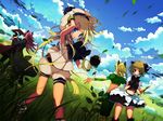  akatsuhara_empire animal_ears blonde_hair blue_eyes blurry cloud day depth_of_field dutch_angle gloves grass hand_on_headwear hat knife long_hair meadow multiple_girls outstretched_arms pixiv_fantasia pixiv_fantasia_3 purple_hair red_eyes ribbon rugo short_hair skirt sky spread_arms sword weapon wind 