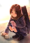  blush brown_hair cat closed_eyes coat copyright_request gloves goto_p head_tilt instrument_case kitten long_hair non-web_source scarf smile solo squatting sunset 
