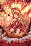  bird egg female fire gloves jewelry necklace phoenix red_hair redhead ribbon shell skirt yellow_eyes 