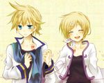  1girl alternate_hairstyle aqua_eyes bad_id bad_pixiv_id blonde_hair blush brother_and_sister cosplay costume_switch holding_hands kagamine_len kagamine_rin kaito kaito_(cosplay) kamui_gakupo kamui_gakupo_(cosplay) siblings twins vocaloid yokohata_nana 