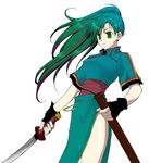  bad_id bad_pixiv_id earrings fire_emblem fire_emblem:_rekka_no_ken gloves green_eyes green_hair high_ponytail jewelry long_hair lyndis_(fire_emblem) miyakoji ponytail sheath solo sword weapon 