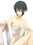  artist_request black_hair blue_eyes breasts cleavage collarbone medium_breasts persona persona_4 sarashi shirogane_naoto short_hair simple_background sitting solo white_background 