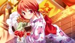  blush candy_apple chocolate_banana cotton_candy festival food g_yuusuke japanese_clothes kimono red_eyes red_hair shiomi_hikari solo taiyaki tapestry_-you_will_meet_yourself- wagashi yukata 