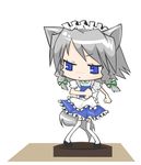  :&lt; animal_ears blue_eyes braid chibi dog_ears dog_tail hairband inu_sakuya izayoi_sakuya kemonomimi_mode maid nagamo_sakana short_hair silver_hair solo tail thighhighs touhou twin_braids 