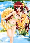  :d absurdres bikini blue_eyes day flower hair_flower hair_ornament hair_ribbon highres leaning_forward long_hair mario_kaneda navel open_mouth original red_hair ribbon smile solo standing standing_on_one_leg swimsuit towel water 