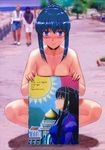 blue_eyes blue_hair blush breasts choker cleavage covering day gundam gundam_00 hechi large_breasts long_hair marina_ismail non-web_source nude nude_cover outdoors public_nudity sign spread_legs squatting 
