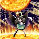  asymmetrical_clothes black_hair fire highres masu_shu mismatched_footwear nuclear_weapon reiuji_utsuho solo sun touhou wings 