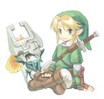  1girl blue_eyes gloves hat helmet imp link lowres midna payuko pointy_ears red_eyes shield sword the_legend_of_zelda the_legend_of_zelda:_twilight_princess weapon 
