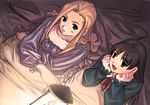  :d :o ahoge atelier_(series) atelier_viorate bed bed_sheet black_eyes black_hair blonde_hair blue_eyes blush brigitt_sihern chin_rest collarbone crossed_arms dark embarrassed eye_contact frills futaba_jun happy indoors light long_hair looking_at_another lying multiple_girls nightgown on_stomach open_mouth pillow ribbon sidelocks smile under_covers viorate_platane wavy_hair 