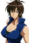  amaha_masane antenna_hair bangs bare_shoulders black_eyes breasts brown_hair buttons cleavage goridou large_breasts looking_at_viewer mature parted_bangs short_hair simple_background sleeveless smile solo unbuttoned upper_body witchblade 