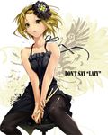  :&lt; bare_shoulders blonde_hair don't_say_&quot;lazy&quot; dress drumsticks hair_ornament halterneck k-on! nilitsu pantyhose short_hair sitting solo stool tainaka_ritsu wings yellow_eyes 