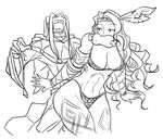 1girl abs amazon amazon_(dragon's_crown) armlet armor bikini_armor boned_meat breasts circlet cleavage dragon's_crown feathers food greyscale grinding hair_feathers large_breasts long_hair matsu-sensei meat monochrome mouth_hold open_mouth parody robe sketch tattoo thick_thighs thighs vambraces wizard_(dragon's_crown) yakitate!!_japan 