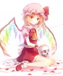  ascot blonde_hair flandre_scarlet hat hat_ribbon kohaku. mob_cap petals puffy_sleeves red_eyes red_skirt red_string ribbon sash shirt short_sleeves side_ponytail sitting skirt skull solo string touhou wariza wings wrist_cuffs 