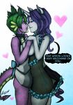  &lt;3 anthro anthrofied apron blue_eyes blush bow clothing collar cutie_mark dialog duo english_text equine eye_contact eyeshadow female friendship_is_magic fur green_eyes green_hair hair half-closed_eyes horn makeup male mammal my_little_pony plain_background purple_body purple_hair rarity_(mlp) rayzoir rayzor-sharp scalie spike_(mlp) text translucent transparent_clothing unicorn white_fur 