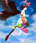  black_hair black_wings breasts expressionless hat looking_at_viewer madara_hato medium_breasts panties parody red_eyes shameimaru_aya shoes short_hair single_shoe solo striped striped_panties toki_wo_kakeru_shoujo tokin_hat touhou underwear viewfinder wings x-ray 