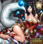  ahri animal_ears black_hair boots breasts cleavage daeho_cha detached_sleeves dress fingernails fox_ears fox_tail gem glowing gold hat heart highres jewelry lantern large_breasts league_of_legends legs long_hair low_neckline multiple_tails orb red_eyes red_lips red_skirt sitting skirt skull smile solo strapless strapless_dress tail thighs wavy_hair witch_hat 