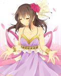  blush bracelet brown_hair closed_eyes collarbone flower fujiwara_hajime hair_ornament idolmaster idolmaster_cinderella_girls jewelry long_hair minamiya_mia petals rose smile solo 