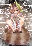  animal_ears bell bloomers breasts brown_hair clog_sandals edo. futatsuiwa_mamizou geta glasses hat jingle_bell kiseru leaf leaf_on_head medium_breasts pince-nez pipe raccoon_ears raccoon_tail short_hair sitting skirt smile smoking solo tail touhou underwear 